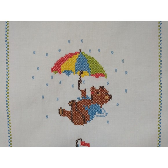VTG Cross Stitched Baby Nursery Art Wall Decor Bear Plane Boat Completed - Picture 3 of 5